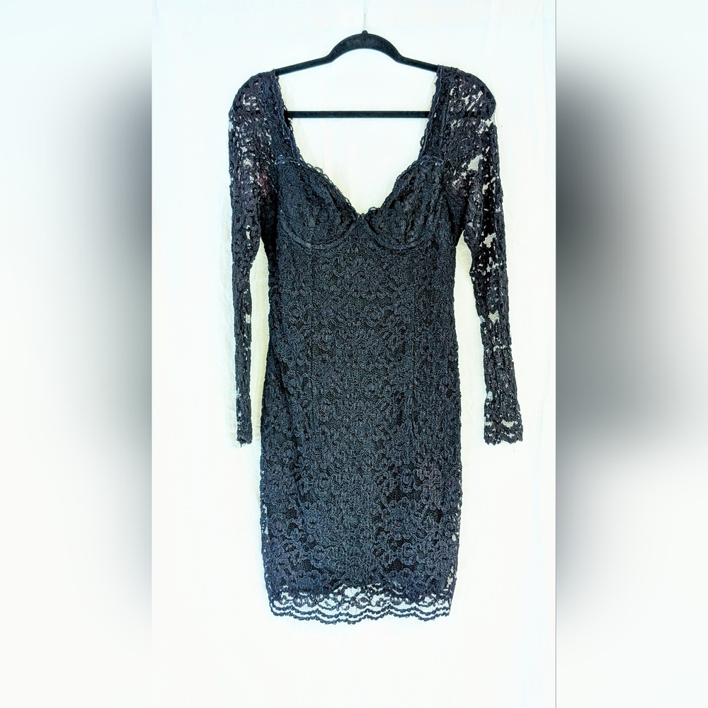 VINTAGE 90s Moda Intl Black Lace Long Sleeve Dress Size 10